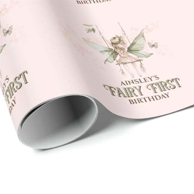 Personalised Pink Fairy First 1st Birthday Party Wrapping Paper (Roll Corner)