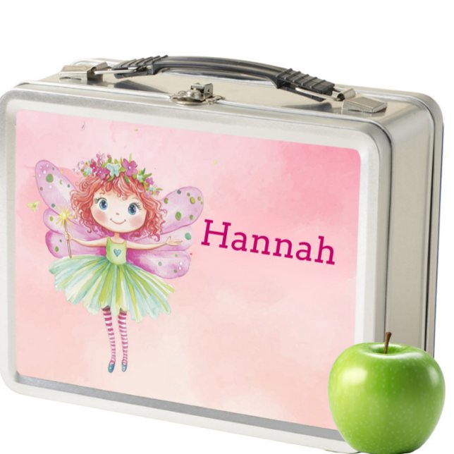 Personalised Pink Fairy Kids Metal Lunch Box (Personalized Fairy Lunch Box for Kids – Cute Pink Magical Lunchbox with Name, Whimsical School Snac)