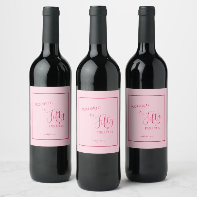 Personalised Pink Fifty & FABULOUS! Birthday Wine Label (Bottles)