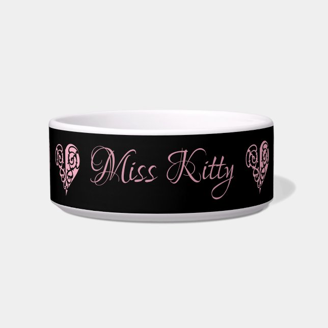 Personalised Pink Filigree Heart Ceramic Pet Bowl (Front)