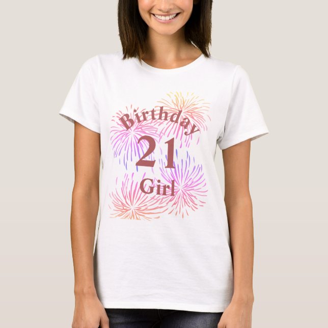 Personalised Pink Fireworks 21st Birthday Girl  T-Shirt (Front)