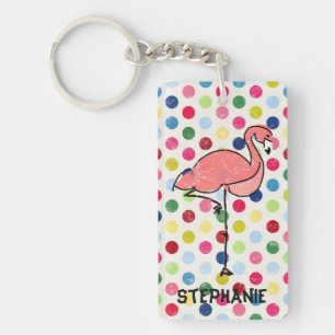 Personalised Pink Flamingo Colourful Polka Dots Key Ring