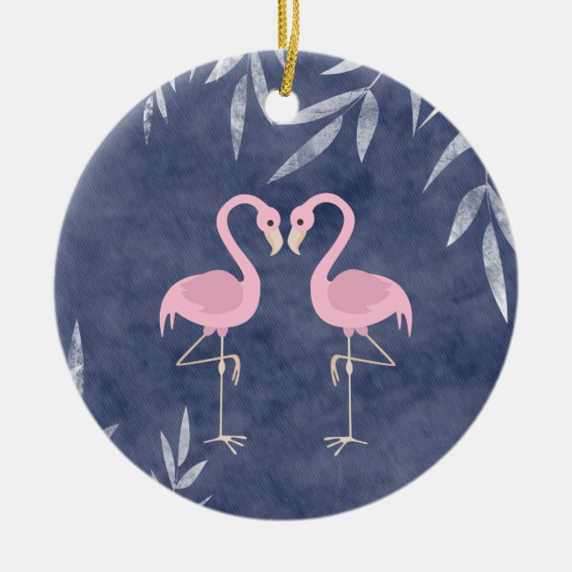 Personalised Pink Flamingo Couple Tropical Beach Ceramic Tree Decoration (Front)