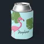 Personalised Pink Flamingo Destination Wedding Can Cooler<br><div class="desc">Surprise the guests at your destination wedding with this personalised can cooler flamingo designs. This modern design features my pink flamingo tropical illustration with green monstera leaves which you can customise for each person. A field for their name on one side and bride and groom's names with the wedding date...</div>
