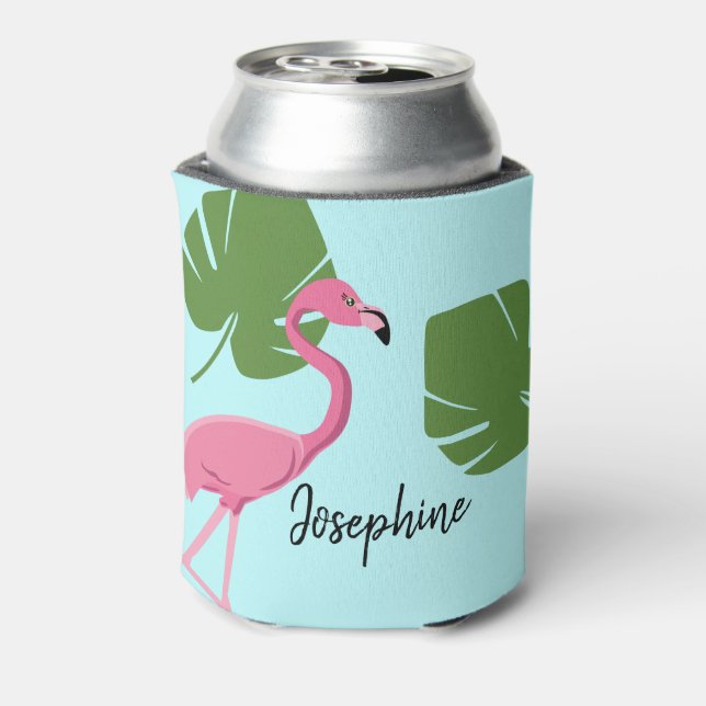 Personalised Pink Flamingo Destination Wedding Can Cooler (Can Back)