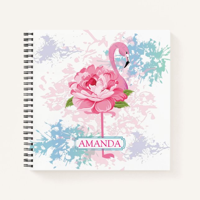 Personalised Pink flamingo Floral design Notebook (Front)