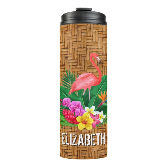 Personalised Pink Flamingo Floral Wicker Print Thermal Tumbler (Front)
