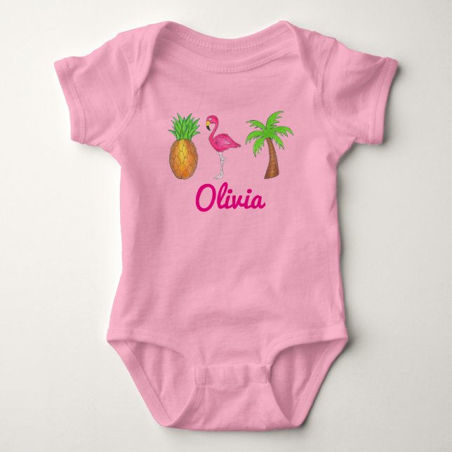 Personalised Pink Flamingo Palm Tree Pineapple Baby Bodysuit (Front)