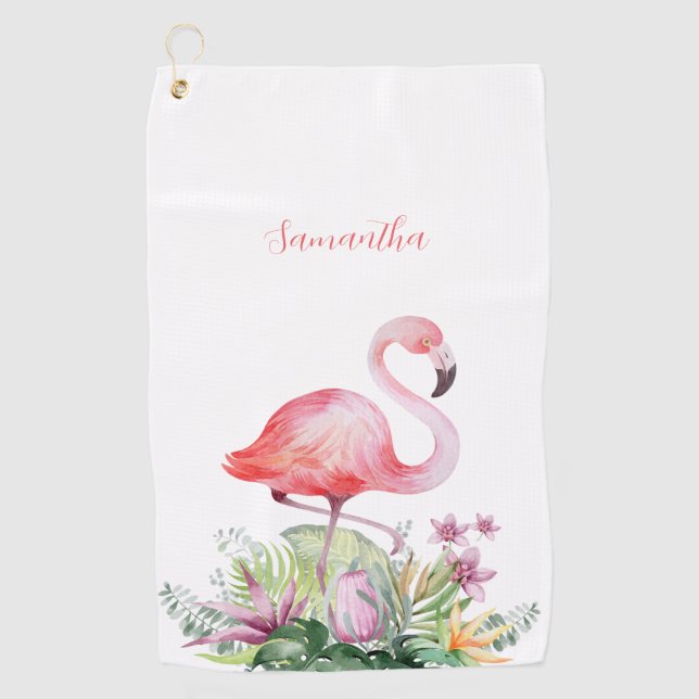 Personalised Pink Flamingo Tropical Golf Towel (Front)
