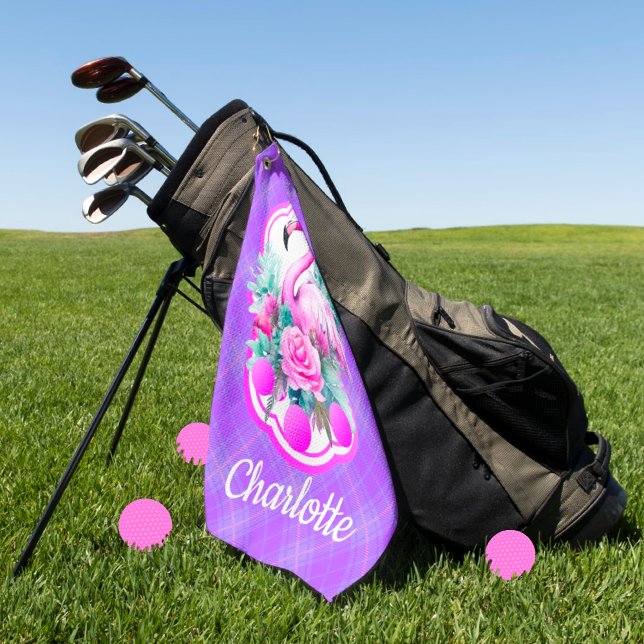 Personalised Pink Flamingo Tropical Purple Golf Towel (Perfect for your golfing Island Girl...maybe you?  Personalize it!)