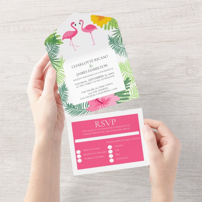 Personalised Pink Flamingo Tropical Wedding All In One Invitation (Tearaway)