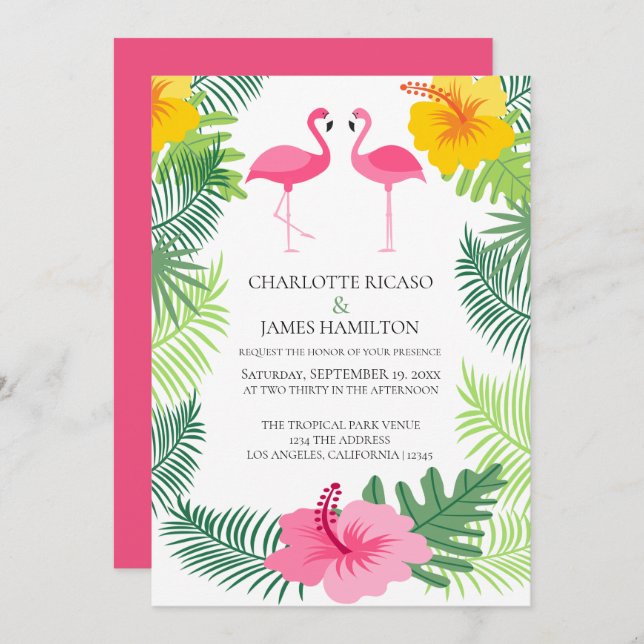 Personalised Pink Flamingo Tropical Wedding Invitation (Front/Back)