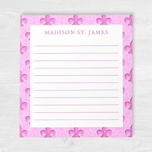 Personalised Pink Fleur De Lis Pattern Lined Notepad (Creator Uploaded)
