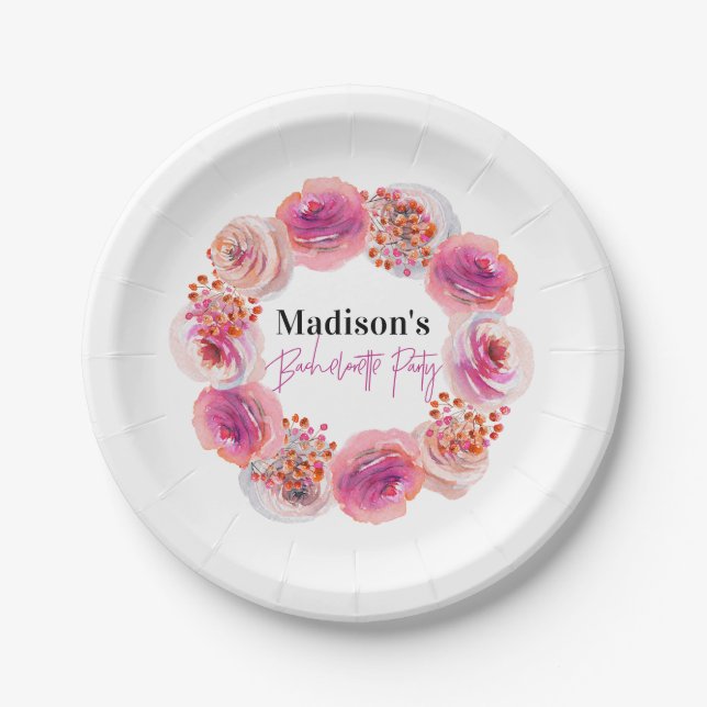 Personalised Pink Floral Bachelorette Party Paper Plate (Front)