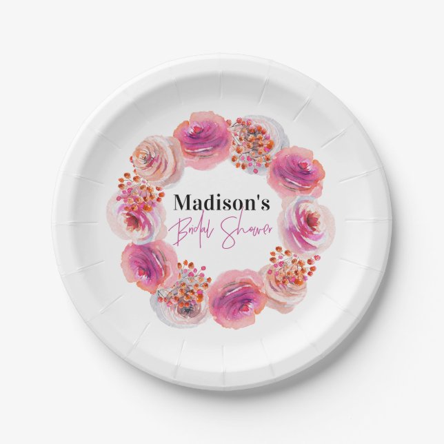 Personalised Pink Floral Bridal Shower Paper Plate (Front)