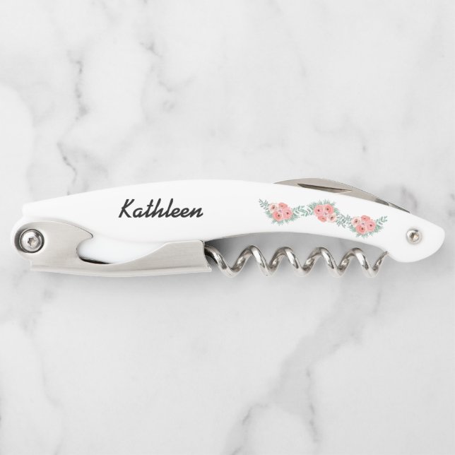 Personalised Pink Floral Bridesmaid Gift Corkscrew (Front)