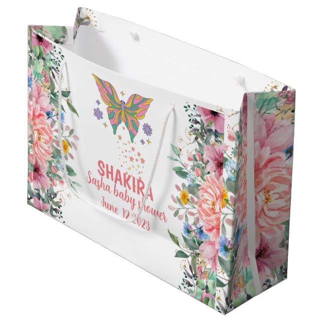 Personalised, pink floral ,butterfly baby shower large gift bag (Front Angled)