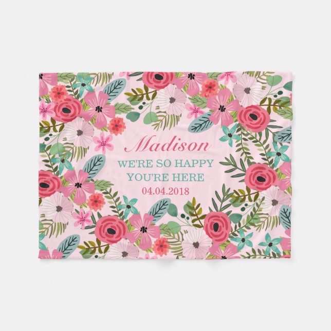 Personalised pink floral fleece baby blanket (Front (Horizontal))