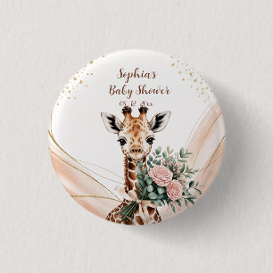 Personalised Pink Floral Giraffe Baby Shower Butto 3 Cm Round Badge