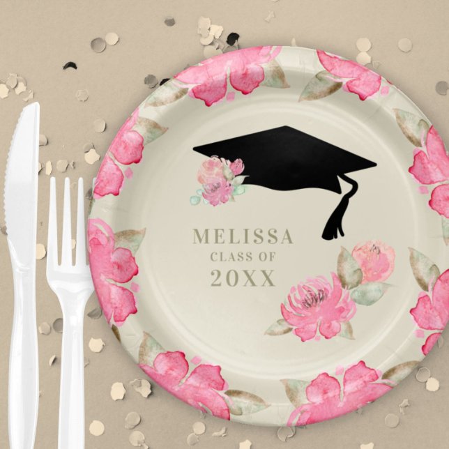 Personalised Pink Floral Girl's Graduation Party Paper Plate (Creator Uploaded)