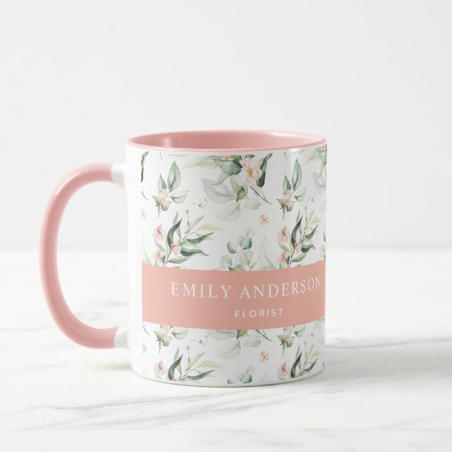 Personalised Pink Floral Greenery Elegant Florist Mug (Left)