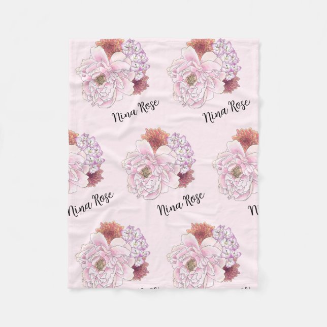 Personalised Pink Floral Kids Blanket with Name (Front)