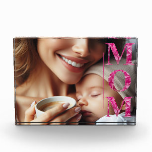 Personalised Pink Floral MOM Lettering Art Photo Block
