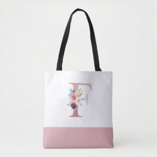 Personalised Pink Floral Monogram Letter F Tote Bag