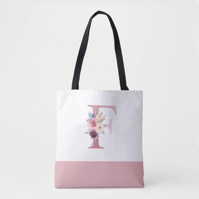 Personalised Pink Floral Monogram Letter F Tote Bag (Front)
