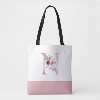 Personalised Pink Floral Monogram Letter N Tote Bag