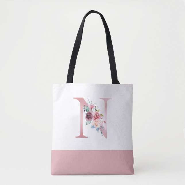 Personalised Pink Floral Monogram Letter N Tote Bag (Front)
