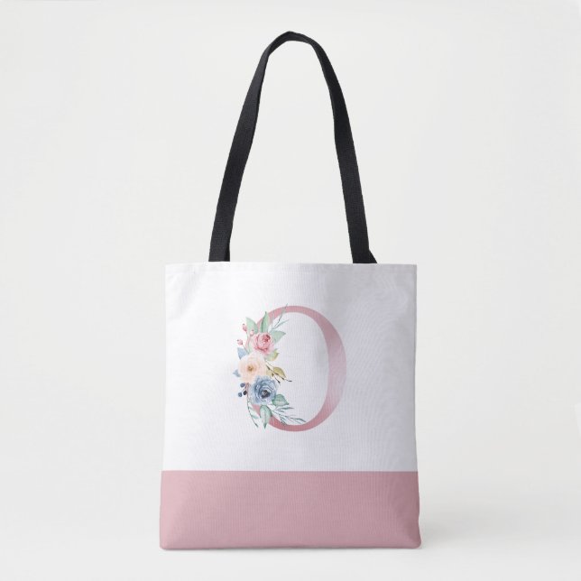 Personalised Pink Floral Monogram Letter O Tote Bag (Front)