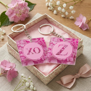 Personalised Pink Floral Monogram Letter Z and XO Key Ring