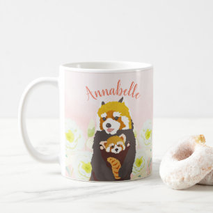 Personalised Pink Floral Red Panda Mum Baby Mug