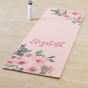Personalised Pink Floral Roses Yoga Mat