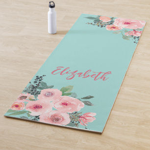 Personalised Pink Floral Roses Yoga Mat