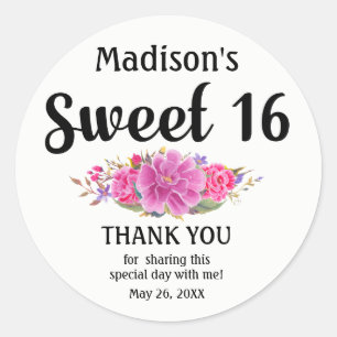 Personalised Pink Floral Sweet Sixteen Birthday Classic Round Sticker