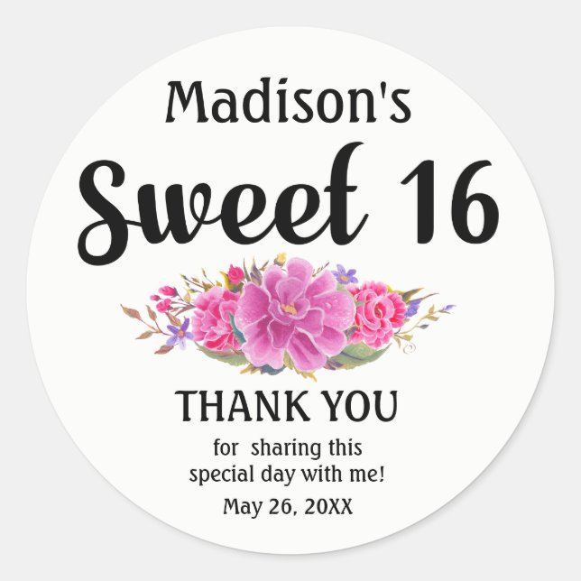 Personalised Pink Floral Sweet Sixteen Birthday Classic Round Sticker (Front)