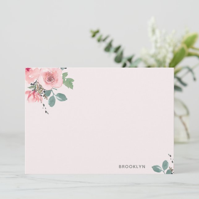 Personalised Pink Floral Watercolor Flat Note Card (Standing Front)
