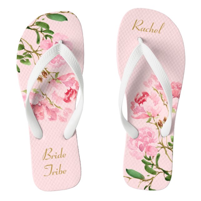 Personalised Pink Floral Wedding Bride Tribe Flip  Flip Flops (Footbed)