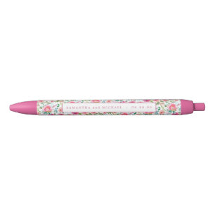 Personalised Pink Floral Wedding Favour Black Ink Pen