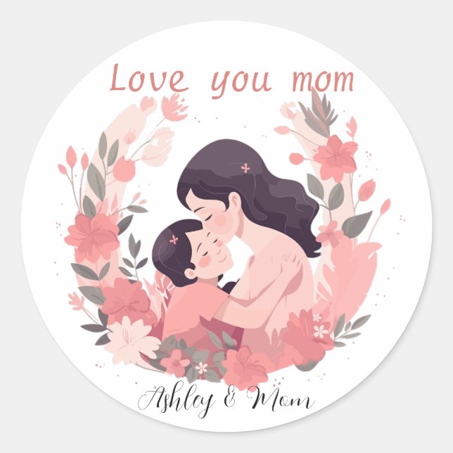 Personalised pink floral wreath mothers day  classic round sticker (Front)
