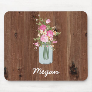 Personalised Pink Flower Mason Jar on Red Wood Mouse Mat