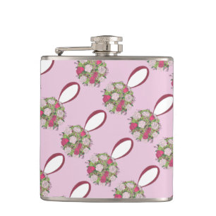 Personalised Pink Flower Rose Wedding Bouquet Hip Flask