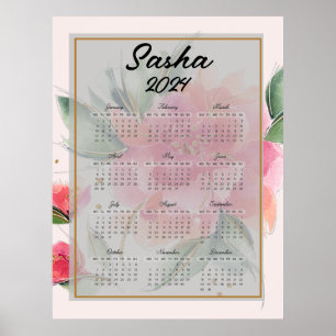 Personalised Pink flowers  calendar     Poster