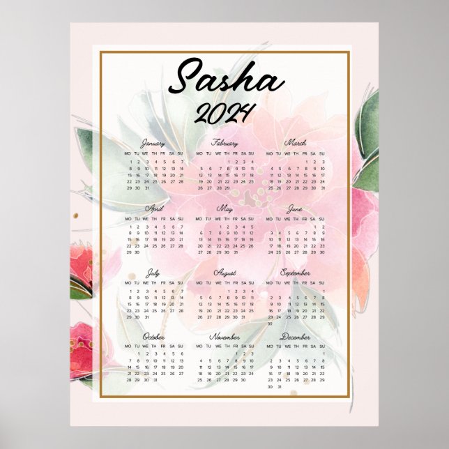 Personalised Pink flowers  calendar     Poster (Front)