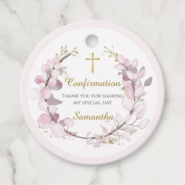 Personalised Pink Flowers Confirmation  Favour Tags (Front)