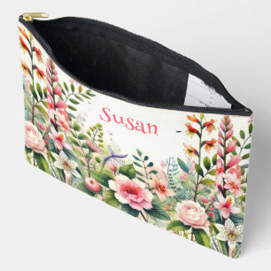 Personalised Pink Flowers Floral Cosmetic   Accessory Pouch