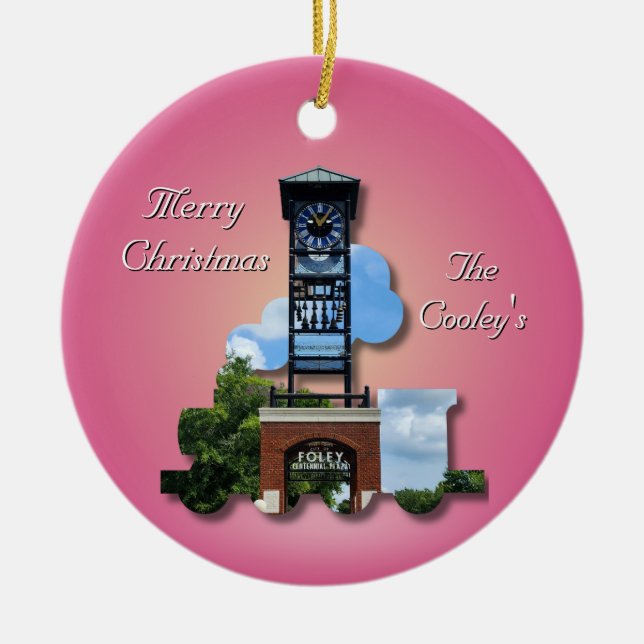 Personalised (Pink) Foley Clock Tower & Train Ceramic Tree Decoration (Front)