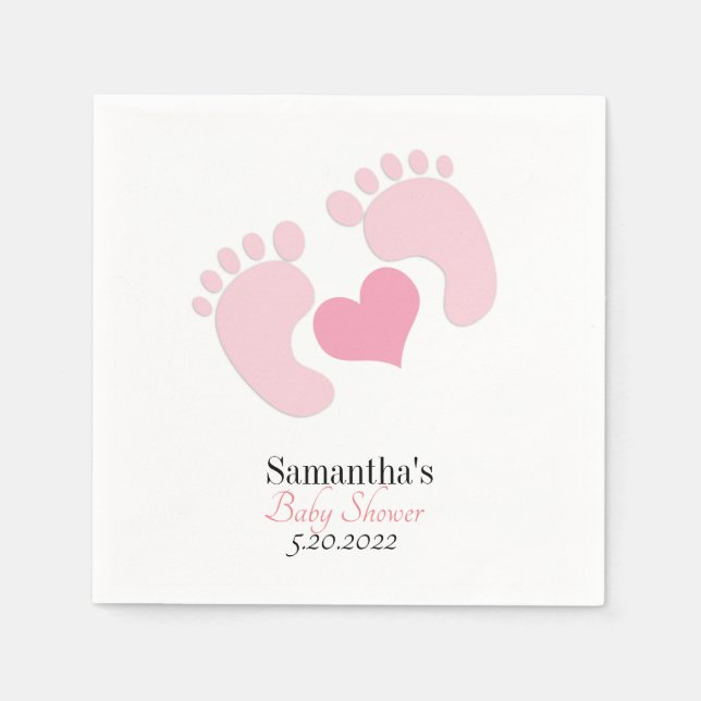 Personalised Pink Footprints Hearts Baby Shower Napkin (Front)